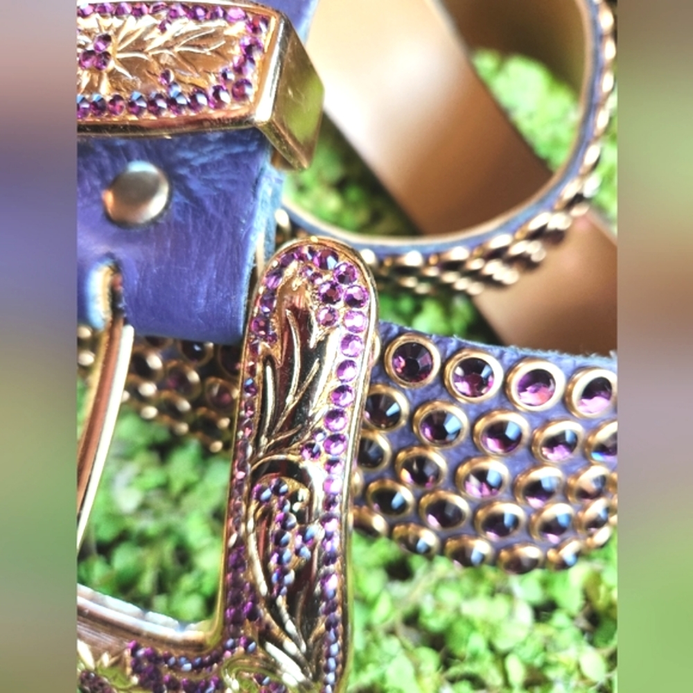 KIPPYS Leather Handmade Crystals Purple Crystalss Leather Western Buckle Belt 34 - Picture 4 of 16